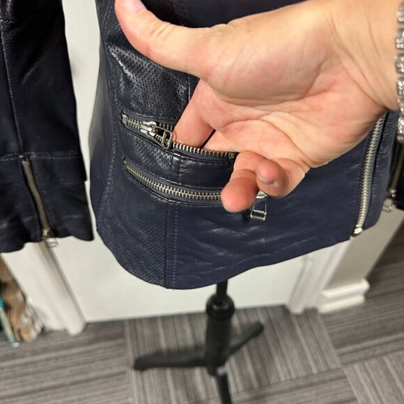 Philippe Adec navy blue 100% leather moto jacket size 4 - Picture 4 of 9